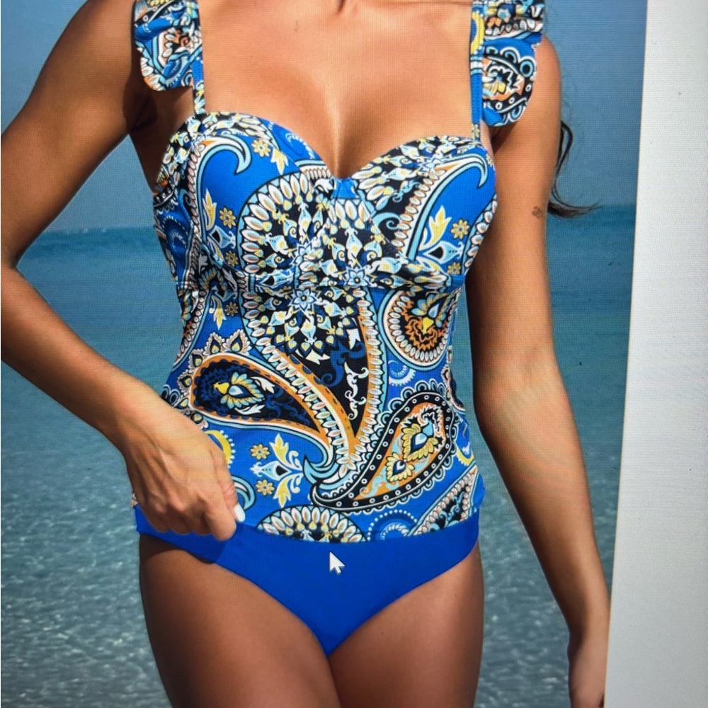 SHEIN Blue Paisley Ruffle-Strap tankini Swim - medium - like new